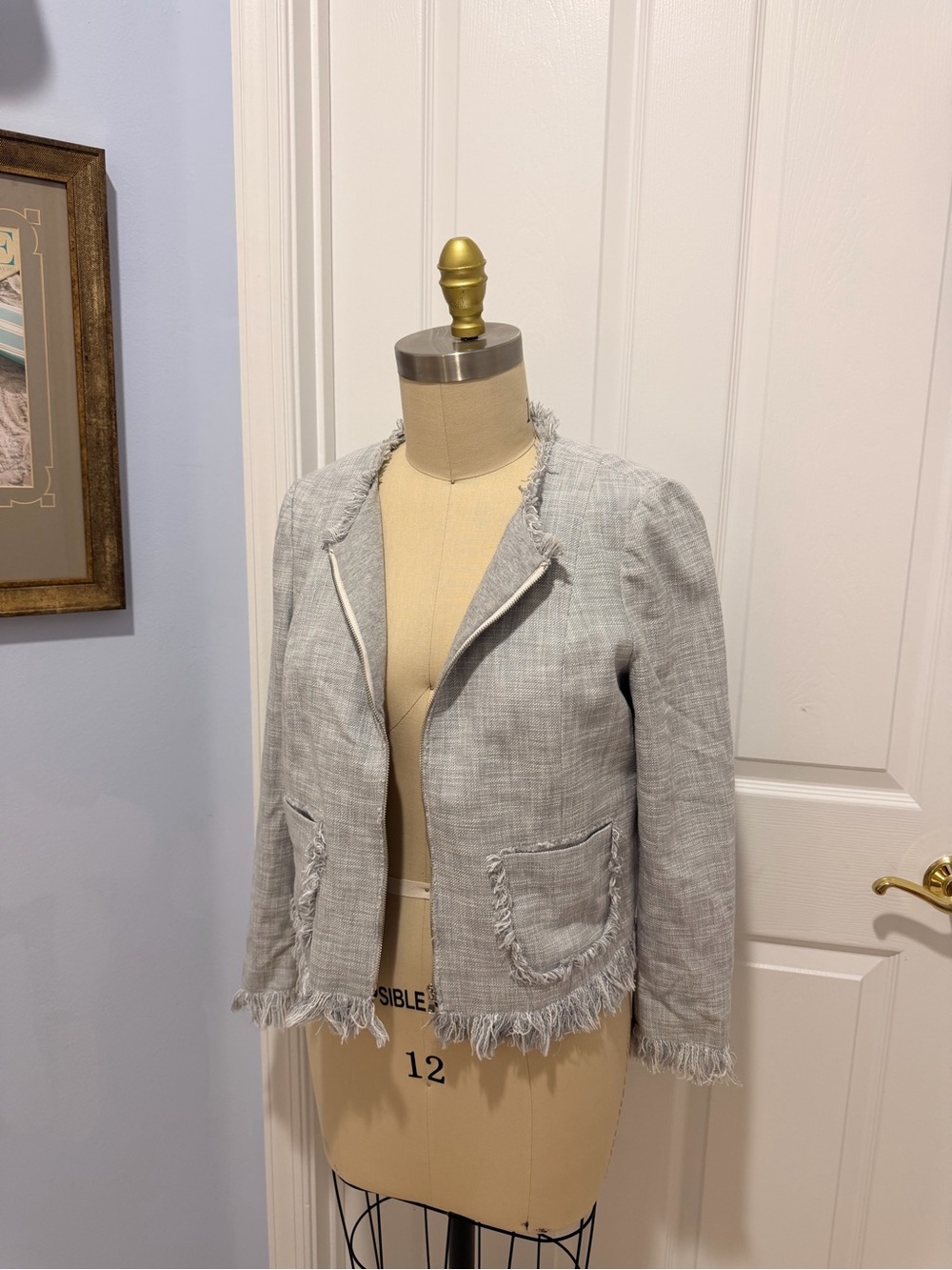 Rebecca Taylor Light Gray Frayed-Trim Tailored Blazer
